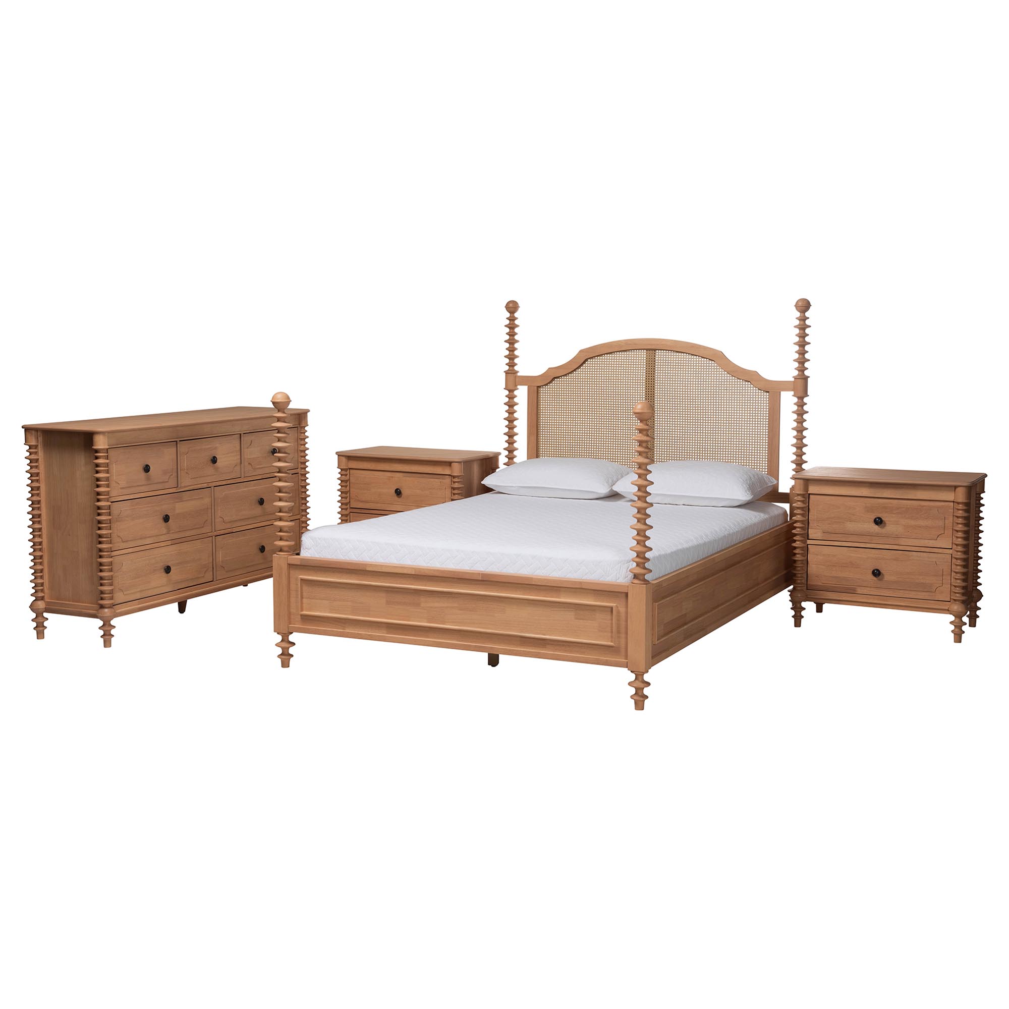 Baxton Studio Neviah 4-Piece Bedroom Set with 2-Drawer Nightstands, King, Beech Brown
